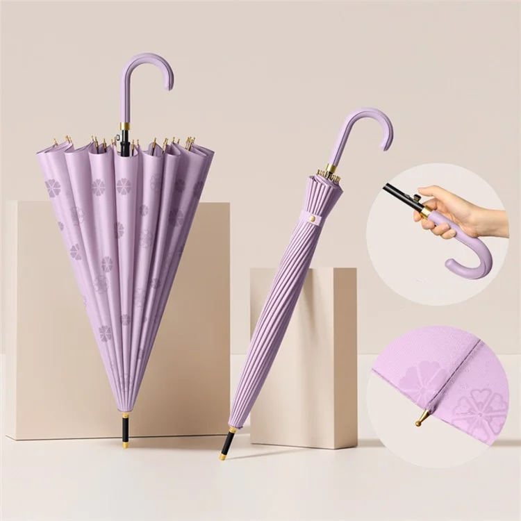 Automatic 24 Ribs Rain Umbrella Water Activated Flower Pattern Straight Umbrella with Curved Handle - Purple