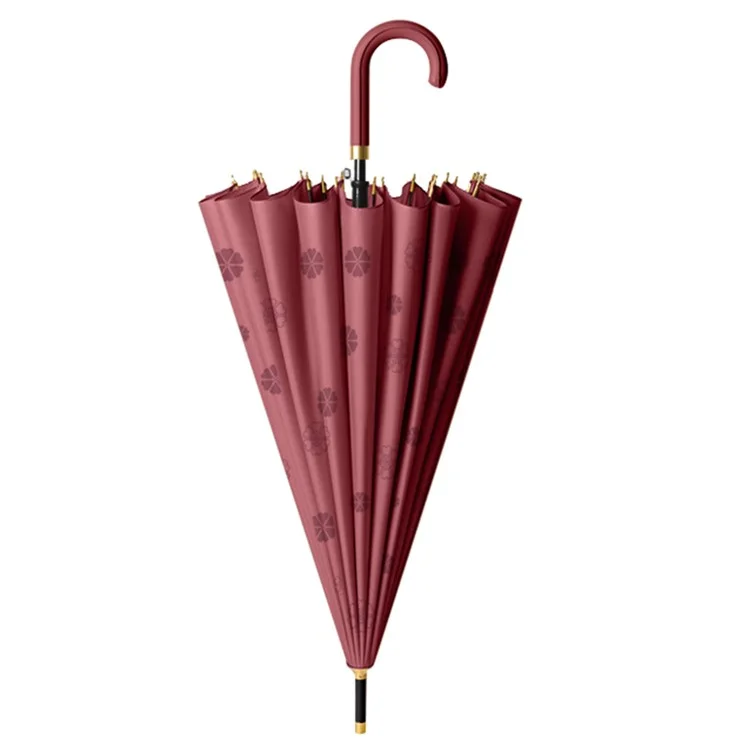 Automatic 24 Ribs Rain Umbrella Water Activated Flower Pattern Straight Umbrella with Curved Handle - Wine Red