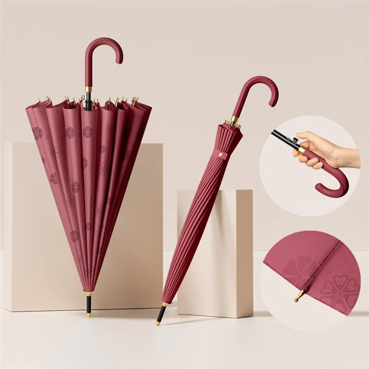 Automatic 24 Ribs Rain Umbrella Water Activated Flower Pattern Straight Umbrella with Curved Handle - Wine Red