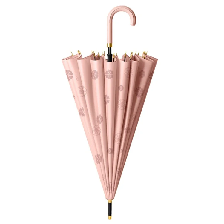 Fleur sous la pluie Parasol manuel à 24 baleines avec poignée en cuir PU - Rose caoutchouc