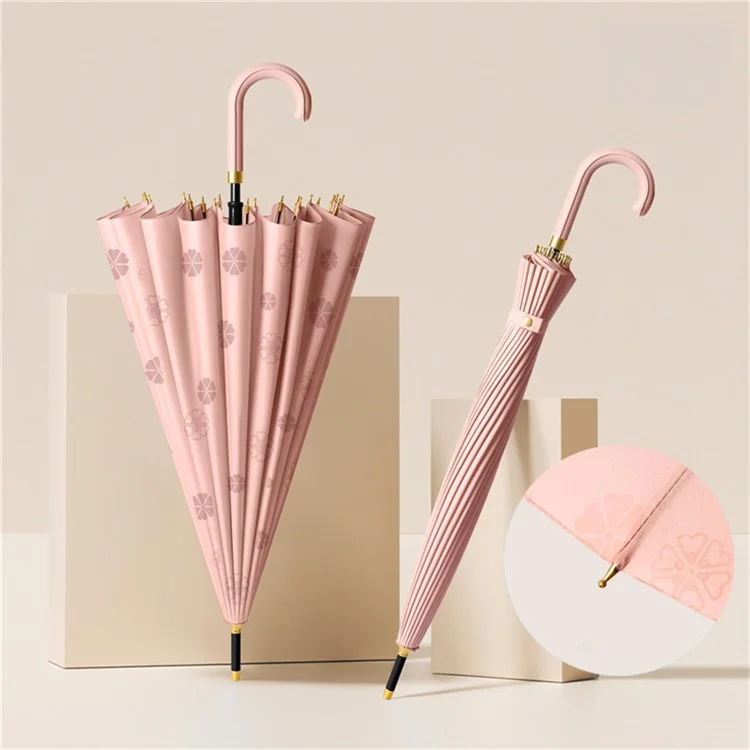 Fleur sous la pluie Parasol manuel à 24 baleines avec poignée en cuir PU - Rose caoutchouc