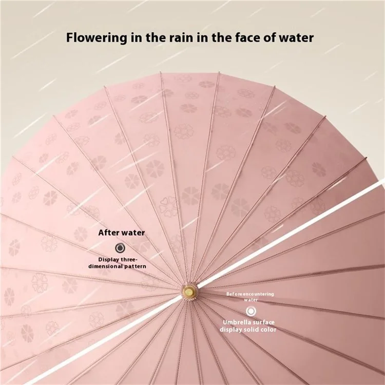Fleur sous la pluie Parasol manuel à 24 baleines avec poignée en cuir PU - Rose caoutchouc