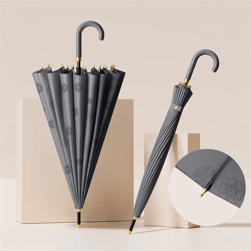 Flowering in Rain Water Umbrella 24 Ribs Manual Folding Parasol with PU Leather Handle - Dark Grey