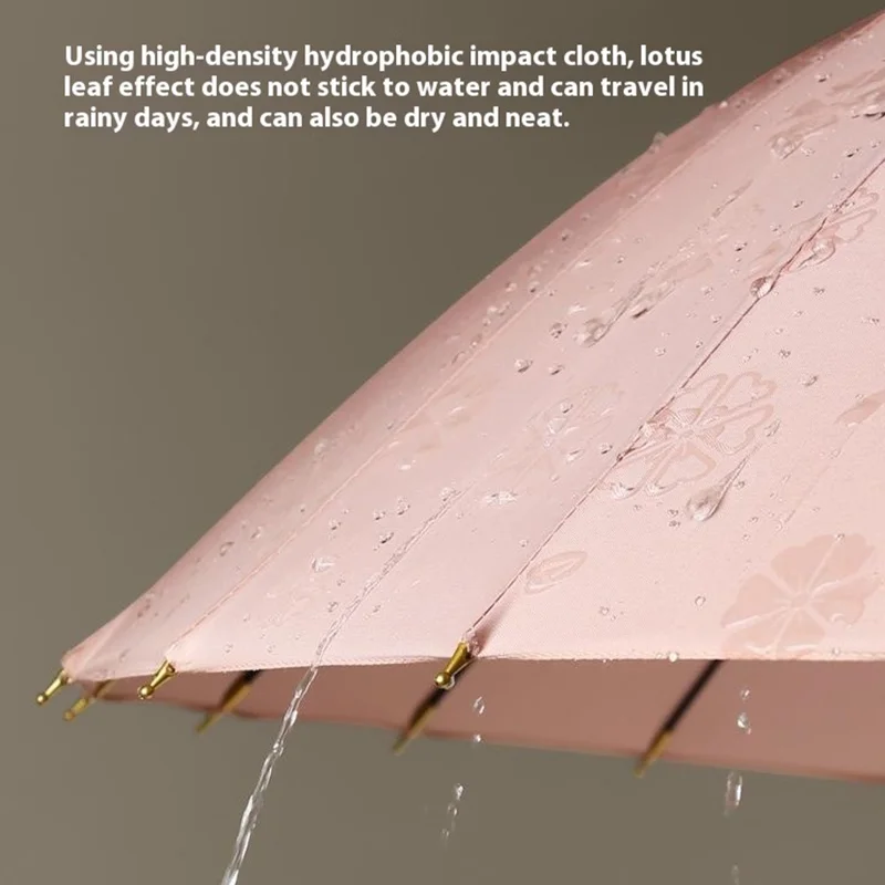 Flowering in Rain Water Umbrella 24 Ribs Manual Folding Parasol with PU Leather Handle - Dark Grey