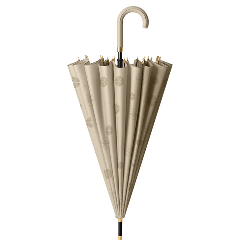 Flowering in Rain Water Umbrella 24 Ribs Manual Folding Parasol with PU Leather Handle - Khaki