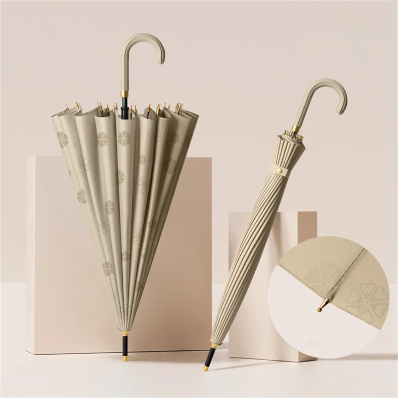 Flowering in Rain Water Umbrella 24 Ribs Manual Folding Parasol with PU Leather Handle - Khaki