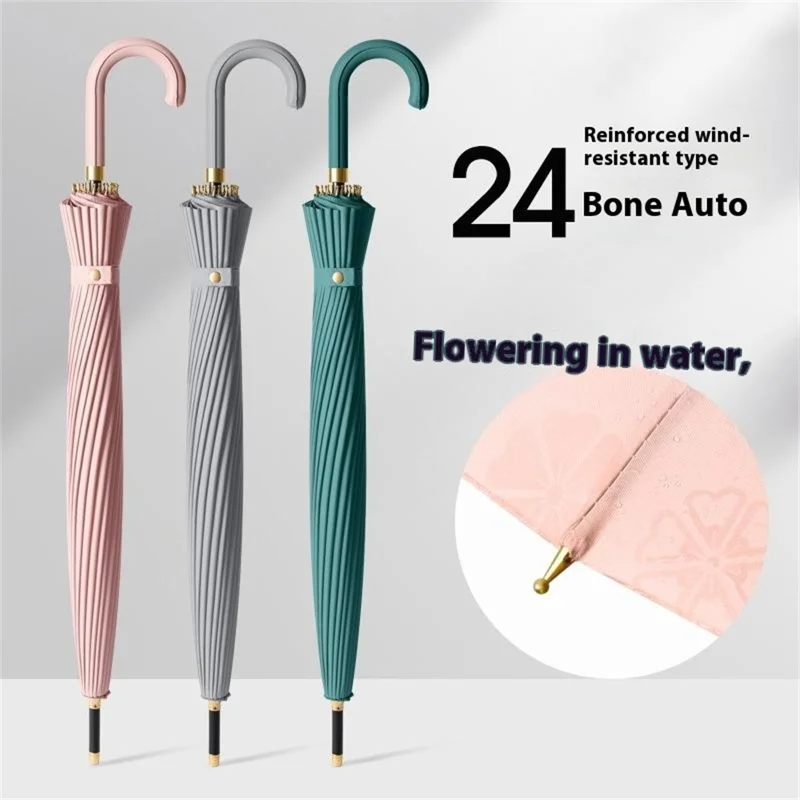 Flowering in Rain Water Umbrella 24 Ribs Manual Folding Parasol with PU Leather Handle - Khaki