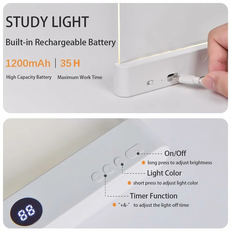 F17 LED Reading Light Rechargeable  Adjustable Brightness Desk Lamp for Dorm / Bedroom / Study - White