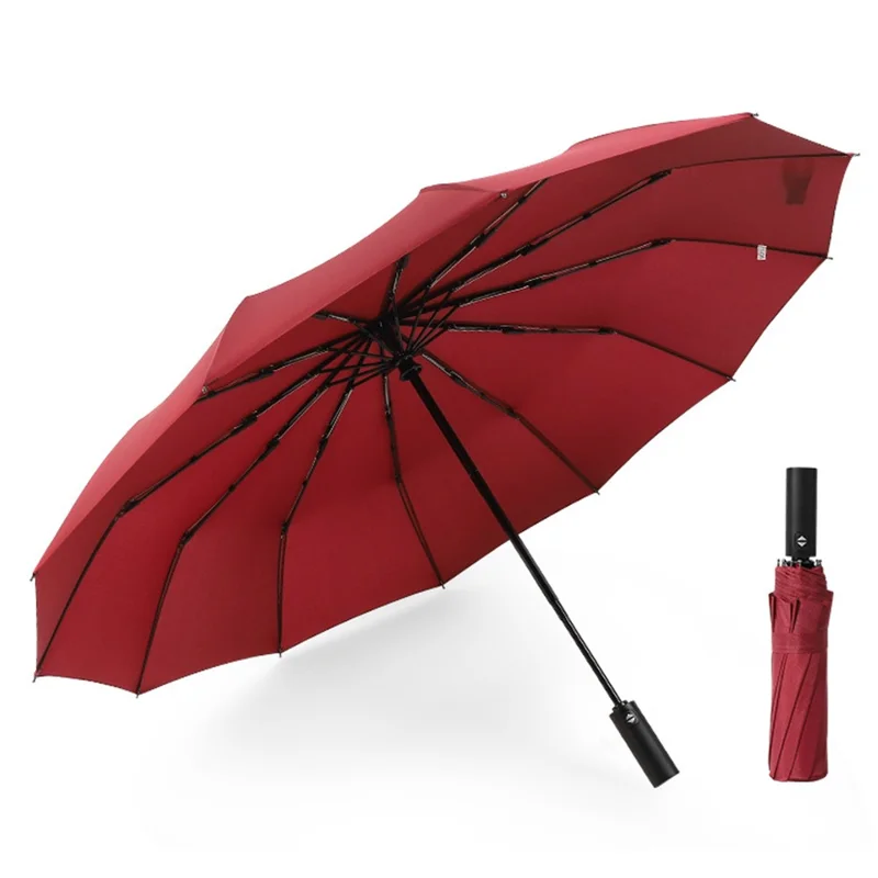 Windproof Umbrella Large 12-Rib Folding Travel Umbrella with Automatic Opening and Closing for Rain / Sun - Wine Red