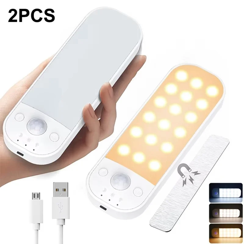 2 Unidades Luz Inteligente Slim con Sensor de Movimiento, 3 Colores y Regulable, Magnética para Armarios, Recargable por USB