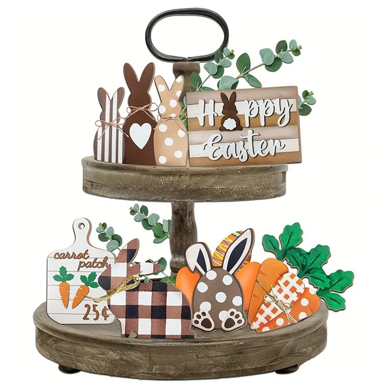 Easter Bunny Tiered Tray Decor Set Farmhouse Wooden Sign Carrot Plaid Pattern Display Ornament