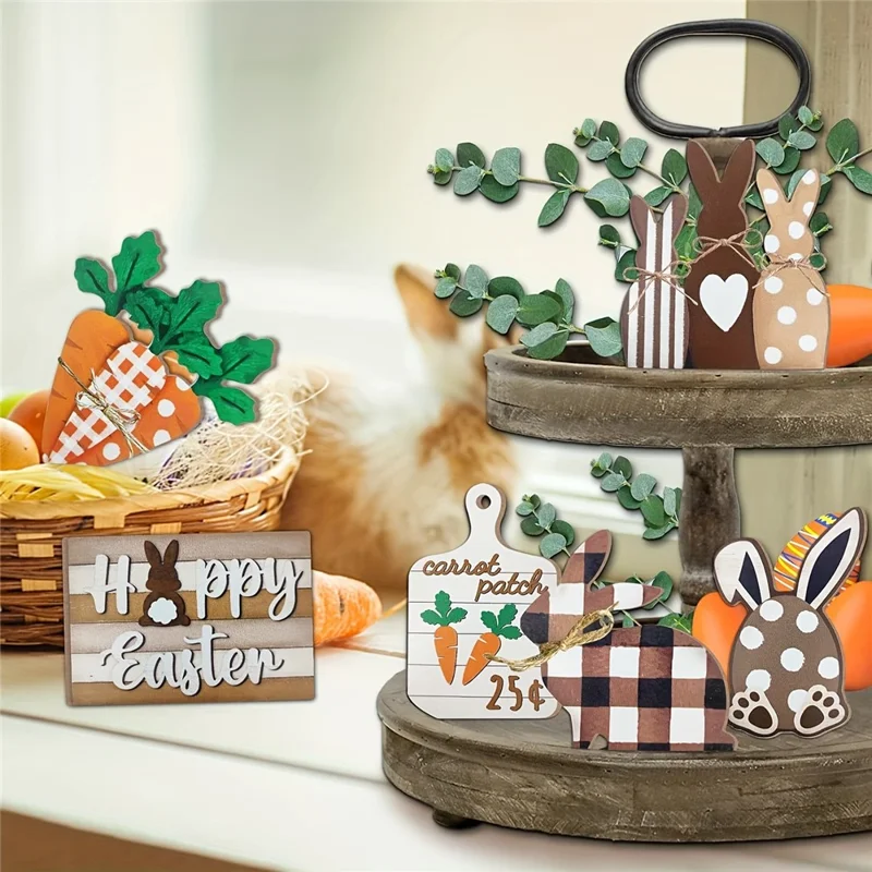 Easter Bunny Tiered Tray Decor Set Farmhouse Wooden Sign Carrot Plaid Pattern Display Ornament