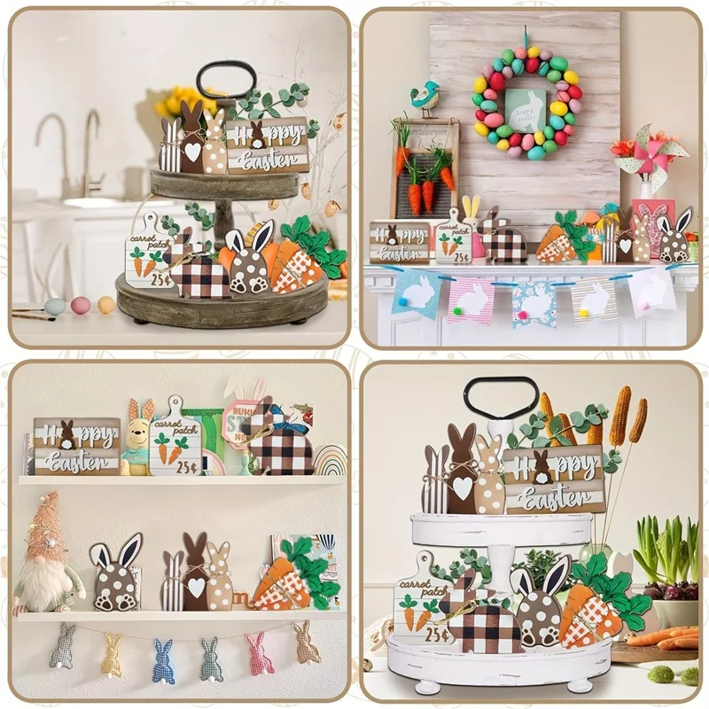 Easter Bunny Tiered Tray Decor Set Farmhouse Wooden Sign Carrot Plaid Pattern Display Ornament