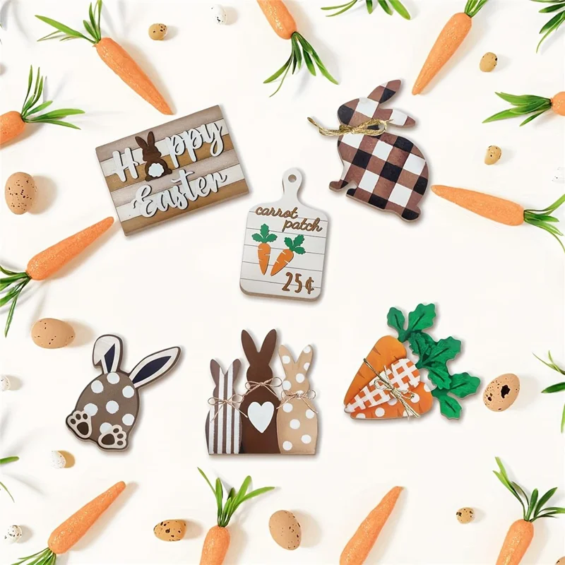 Easter Bunny Tiered Tray Decor Set Farmhouse Wooden Sign Carrot Plaid Pattern Display Ornament
