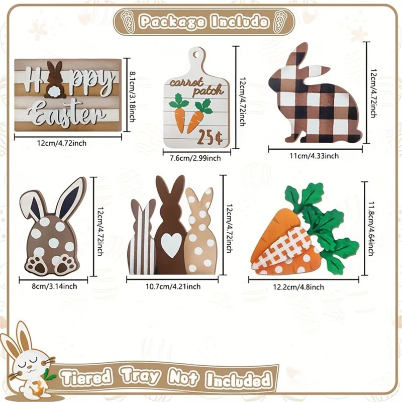 Easter Bunny Tiered Tray Decor Set Farmhouse Wooden Sign Carrot Plaid Pattern Display Ornament