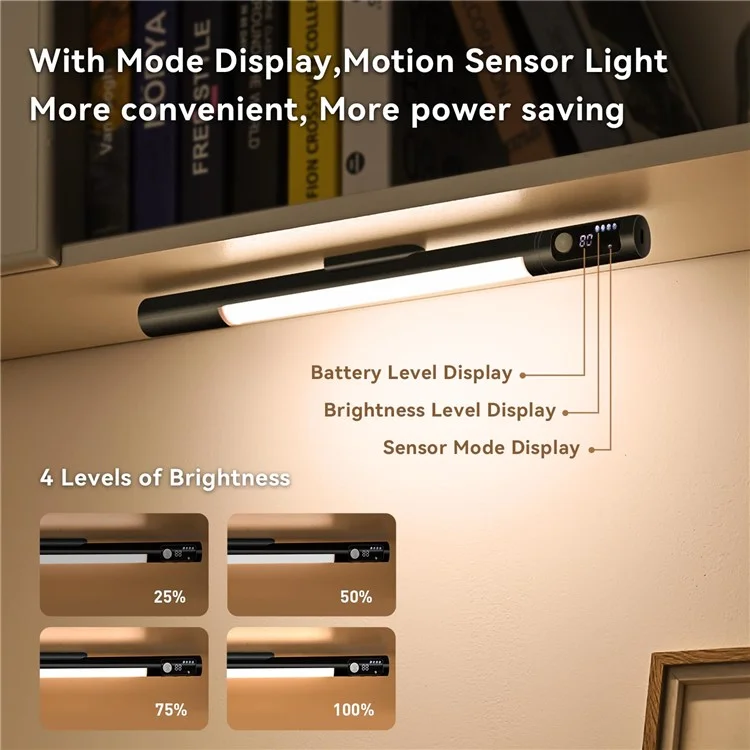MZ-L2901 Motion Sensor Light Bar for Cabinet Closet Wardrobe Magnetic LED Lamp Strip, Built In 2000mAh Battery - Black