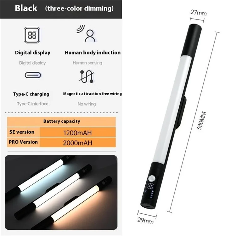 MZ-L2901 Motion Sensor Light Bar for Cabinet Closet Wardrobe Magnetic LED Lamp Strip, Built In 2000mAh Battery - Black