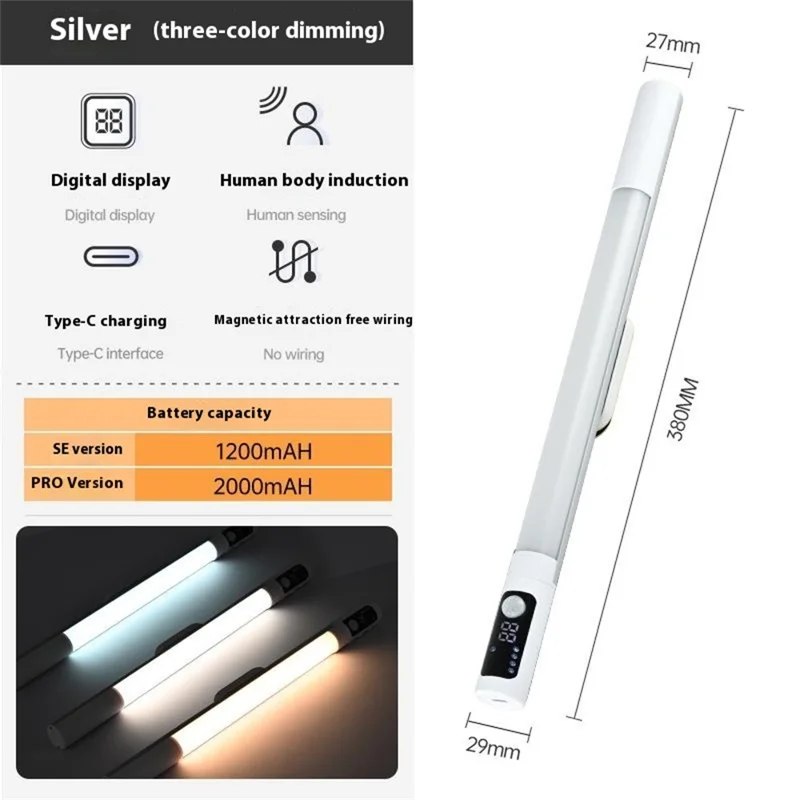 MZ-L2901 Motion Sensor Light Bar for Cabinet Closet Wardrobe Magnetic LED Lamp Strip, Built In 2000mAh Battery - Silver