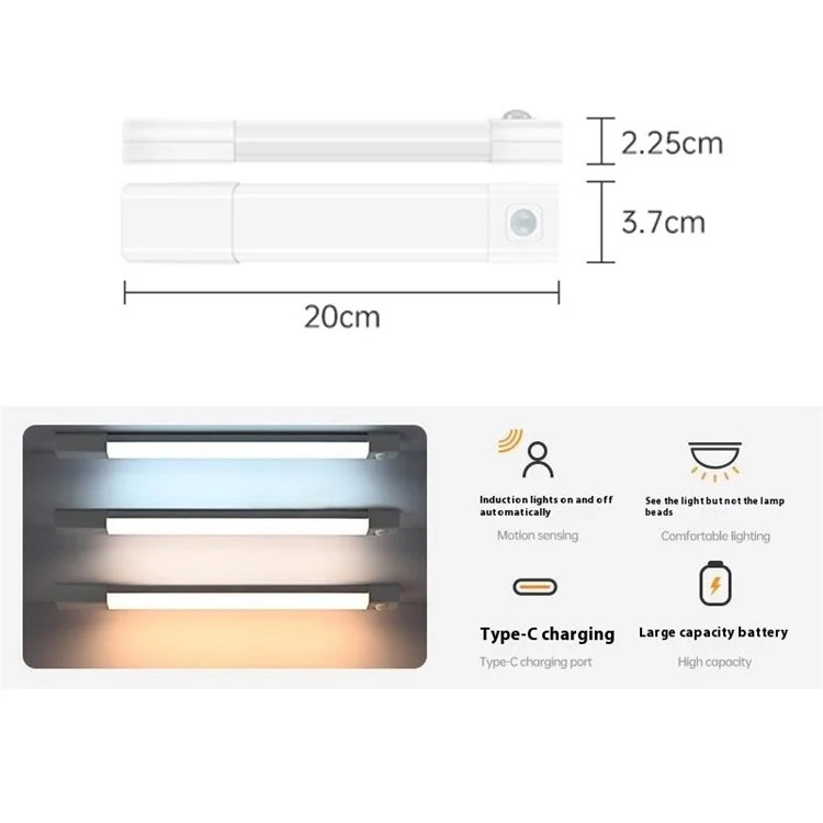 MZ-L3201 20cm LED Light Bar Motion Sensor Wireless Magnetic Rechargeable Cabinet Lamp Strip - White