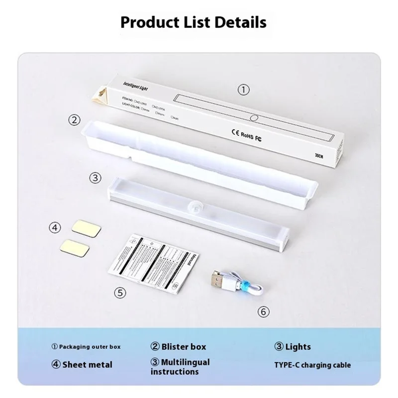 MZ-L906 50cm Smart Motion Sensor Cabinet Light Bar 3-Color Rechargeable LED Self-Adhesive Magnetic Light