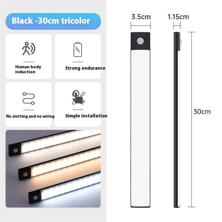 MZ-L1803 30cm Ultra-Thin Smart Motion Sensor Light Bar 3 Color Magnetic Self-Adhesive Rechargeable LED Cabinet Light - Black