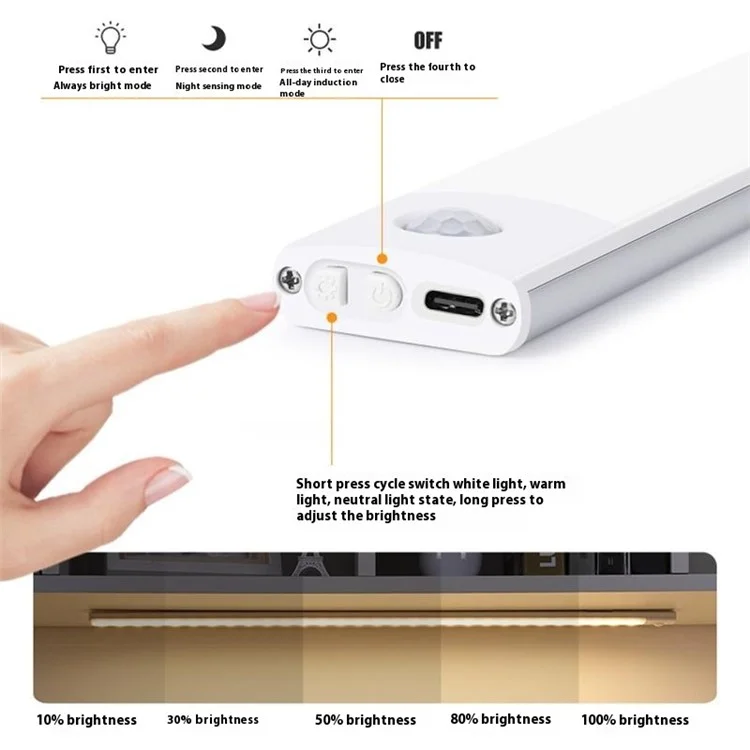 MZ-L1803 30cm Ultra-Thin Smart Motion Sensor Light Bar 3 Color Magnetic Self-Adhesive Rechargeable LED Cabinet Light - Black