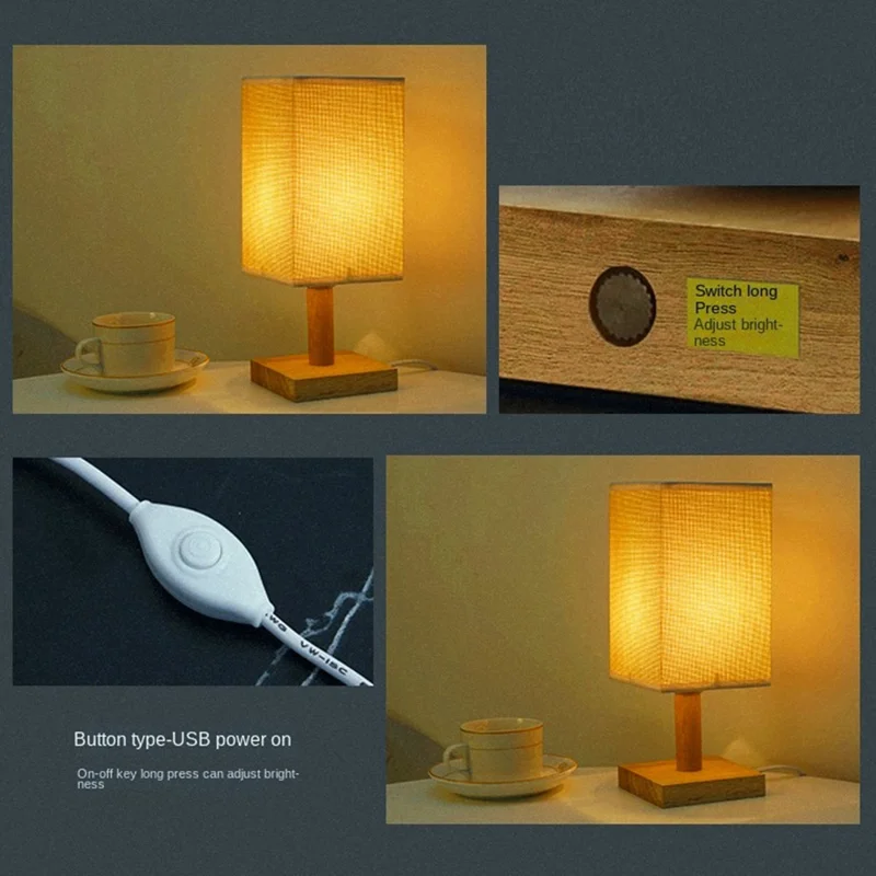 TA-066 Wood+Cloth Stepless Dimming Night Light USB LED Table Lamp Home Decor - Linen Yellow