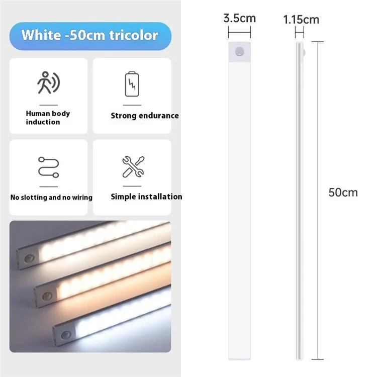 MZ-L1803 50cm Ultra-Dünne Smart Bewegungssensor Lichtleiste 3 Farben Magnetisch Selbstklebend Aufladbare LED Schrankleuchte - Silber