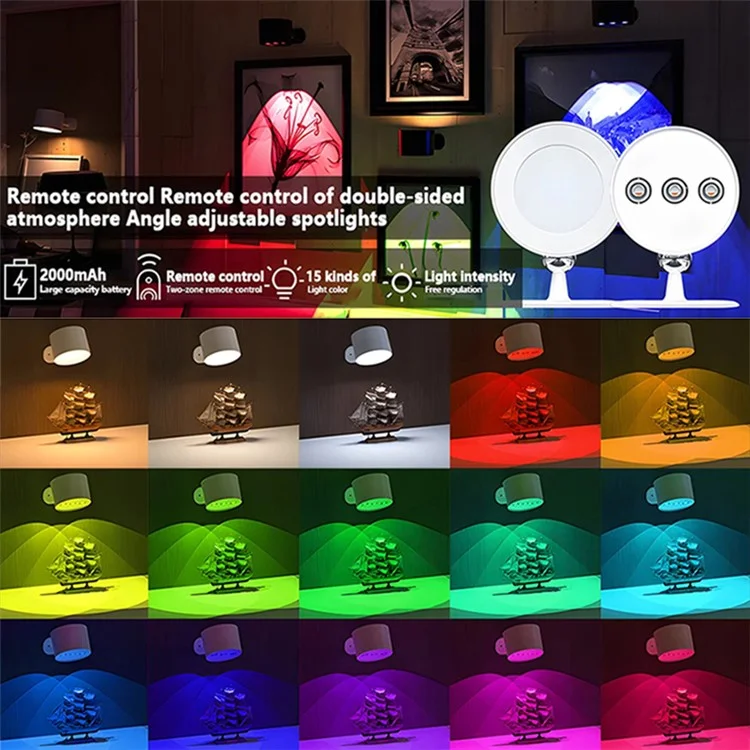 T057 Veilleuse murale double face à 15 couleurs, rechargeable, magnétique en forme d'œil de chat, avec télécommande - Blanc
