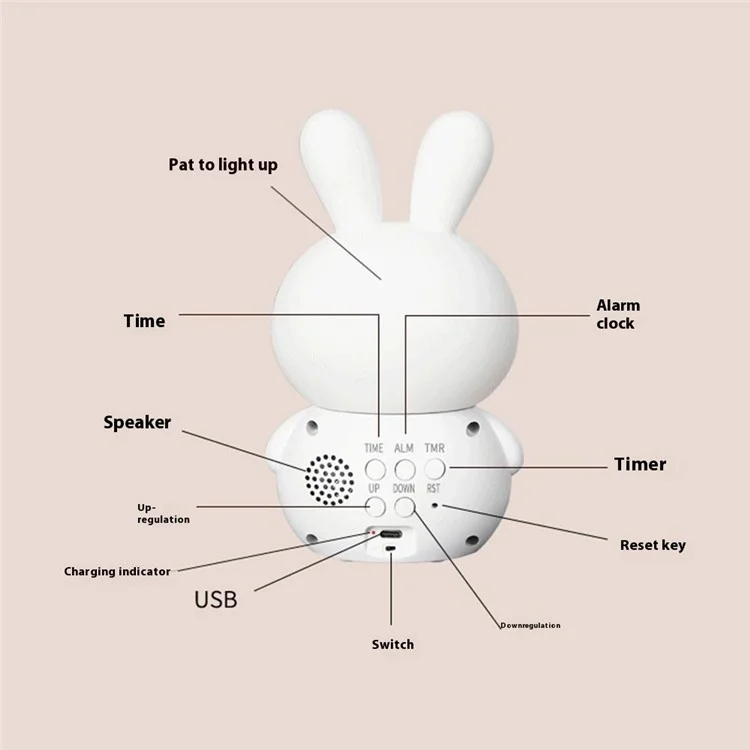YC-9117 Toque para Ligar Luz Noturna de Coelho Cartoon com Mudança de Cor RGB, Despertador Inteligente e Reprodutor de Música