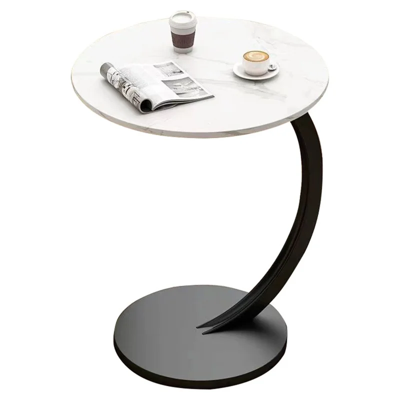 Single Tier C Shape Sofa Side Table for Living Room Bedroom Space Saving Small Space End Desk - Black Frame+White Marble