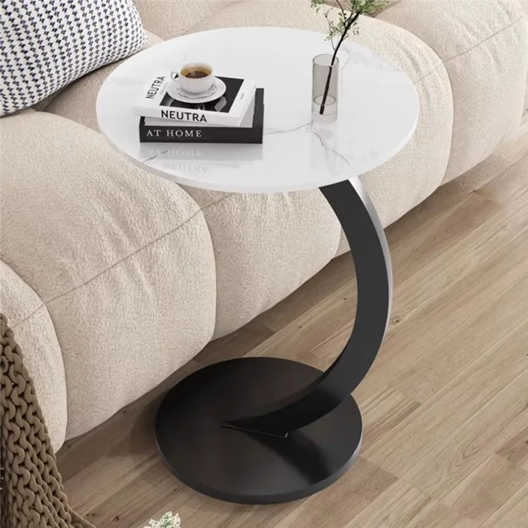 Single Tier C Shape Sofa Side Table for Living Room Bedroom Space Saving Small Space End Desk - Black Frame+White Marble