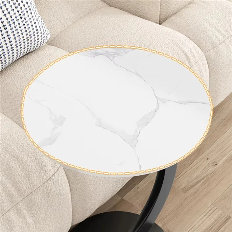 Single Tier C Shape Sofa Side Table for Living Room Bedroom Space Saving Small Space End Desk - Black Frame+White Marble