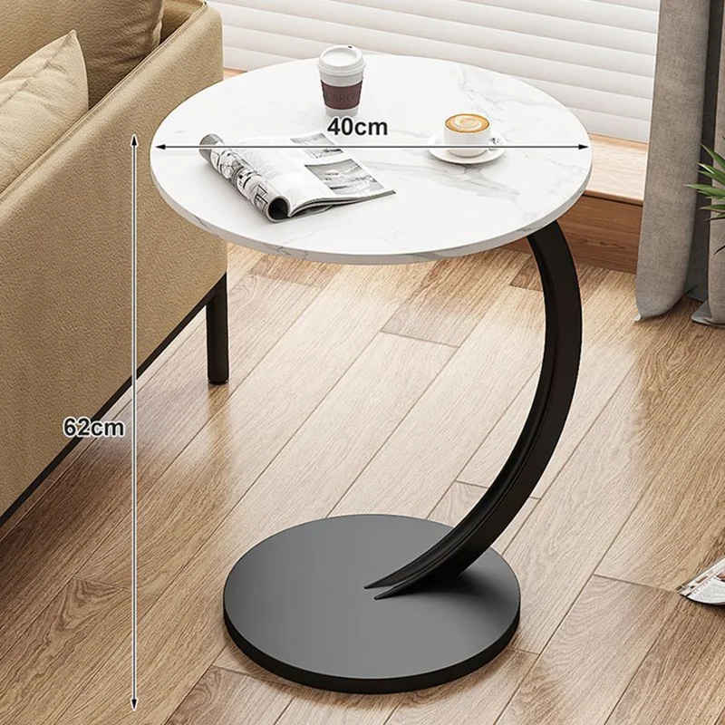Single Tier C Shape Sofa Side Table for Living Room Bedroom Space Saving Small Space End Desk - Black Frame+White Marble