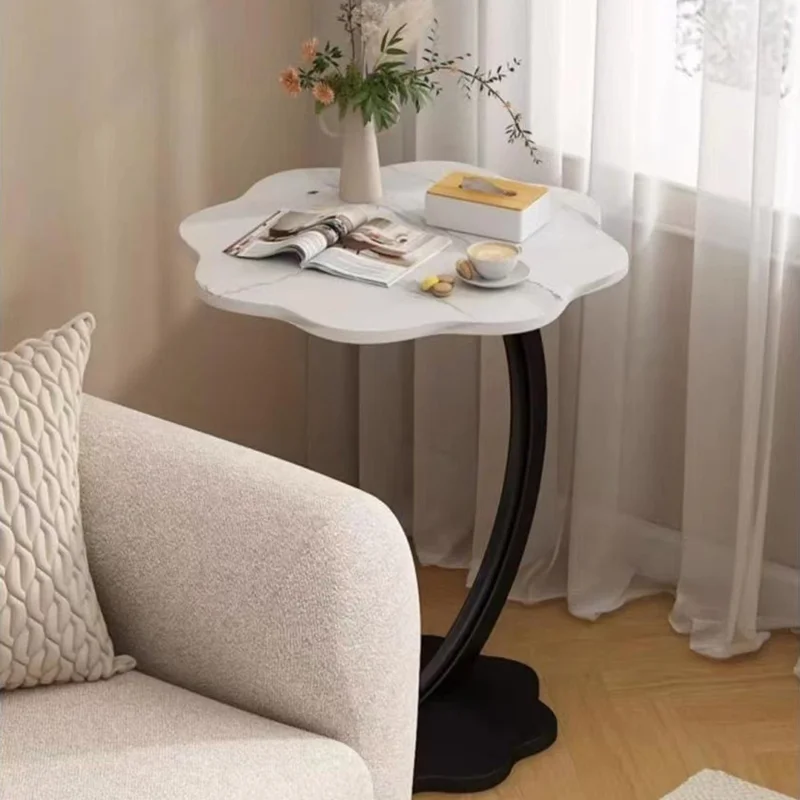 Single Tier Flower Petal Shape Side Table for Living Room Bedroom Sofa Bedside Storage Desk - White Marble+Black Frame