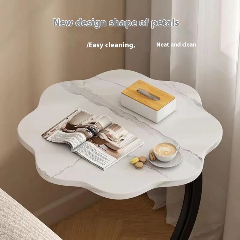 Single Tier Flower Petal Shape Side Table for Living Room Bedroom Sofa Bedside Storage Desk - White Marble+Black Frame