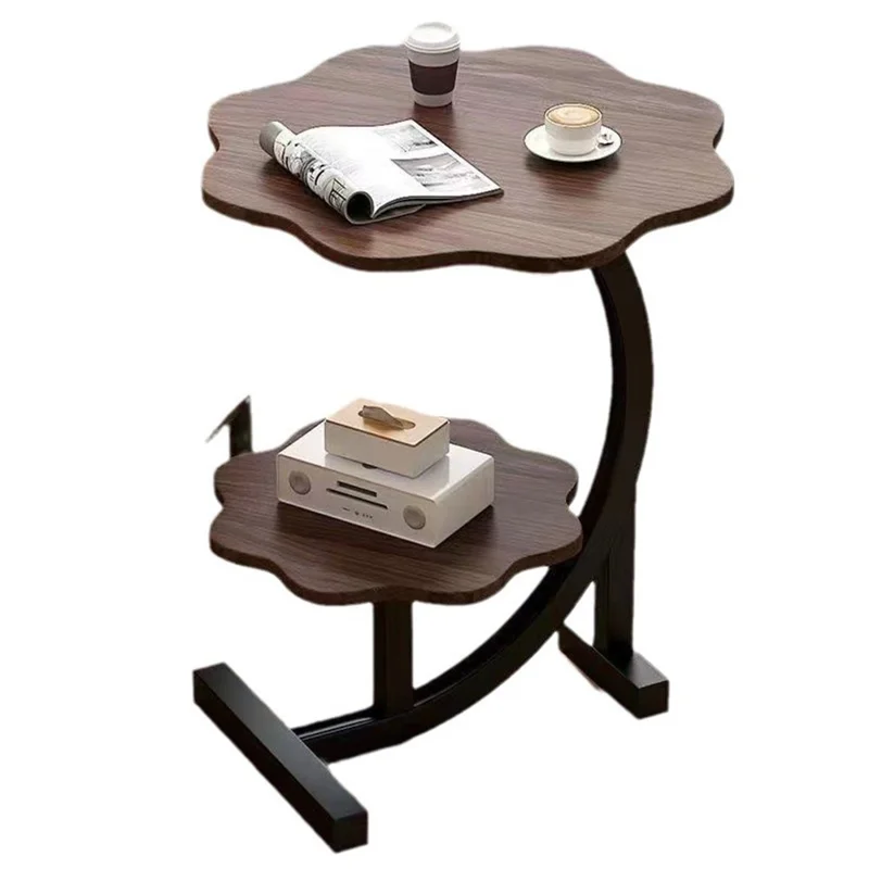 Double Tier Flower Petal Shape Side Table for Living Room Bedroom Sofa Bedside Storage Desk - Walnut+Black Frame