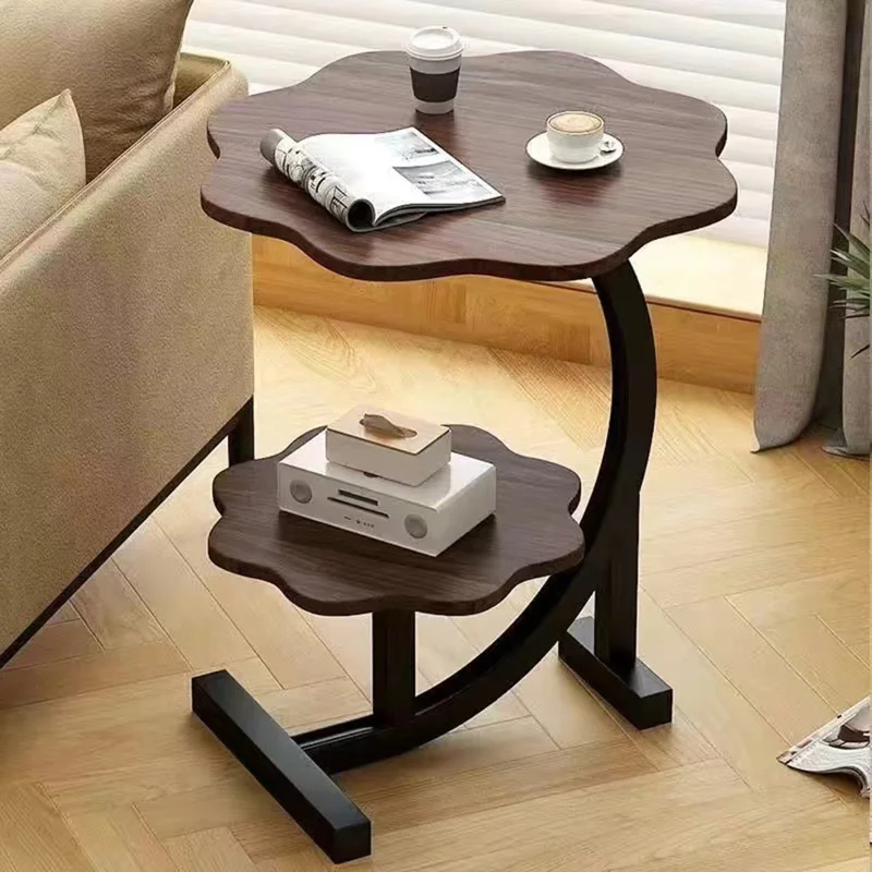 Double Tier Flower Petal Shape Side Table for Living Room Bedroom Sofa Bedside Storage Desk - Walnut+Black Frame