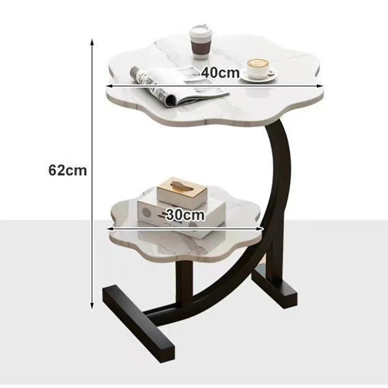 Double Tier Flower Petal Shape Side Table for Living Room Bedroom Sofa Bedside Storage Desk - Walnut+Black Frame