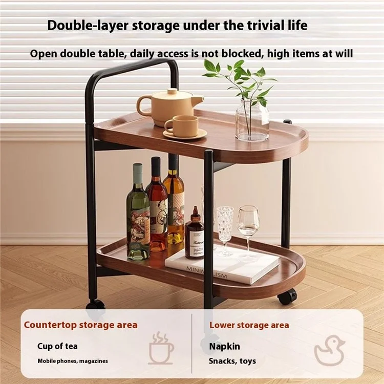 Mobile Side Table for Living Room Double Layer Bedside Table with Wheels Mini Tea Table Nightstand - Walnut