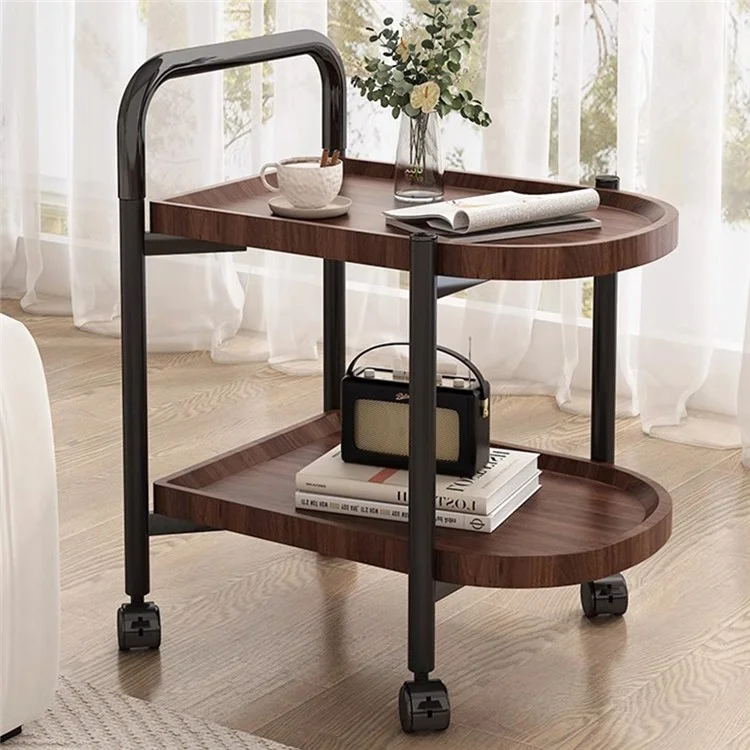 Mobile Side Table for Living Room Double Layer Bedside Table with Wheels Mini Tea Table Nightstand - Walnut
