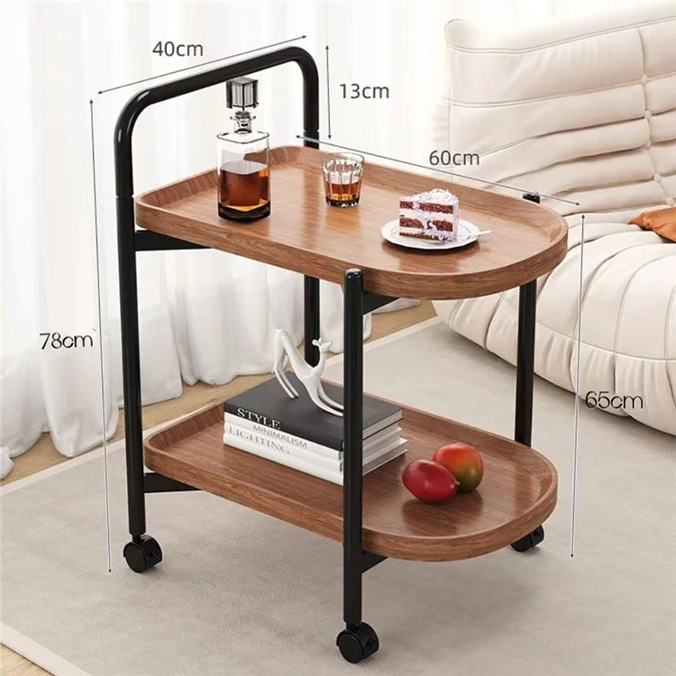 Mobile Side Table for Living Room Double Layer Bedside Table with Wheels Mini Tea Table Nightstand - Walnut