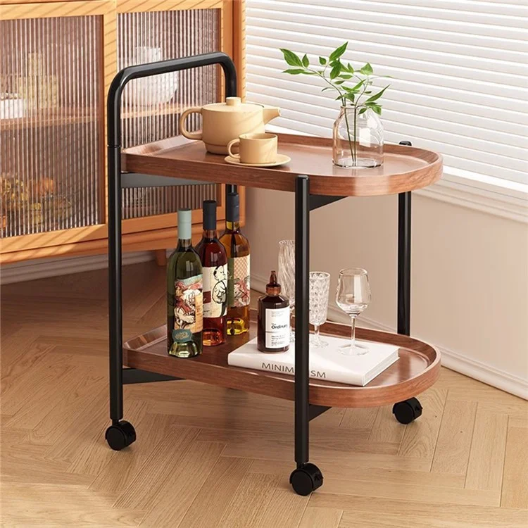 Mobile Side Table for Living Room Double Layer Bedside Table with Wheels Mini Tea Table Nightstand - Walnut