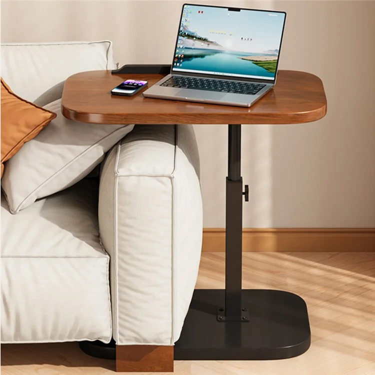 Tavolo Laterale Regolabile a Forma di C per Divano Letto, Multiuso con Piano Rotante per Laptop - Noce Scuro