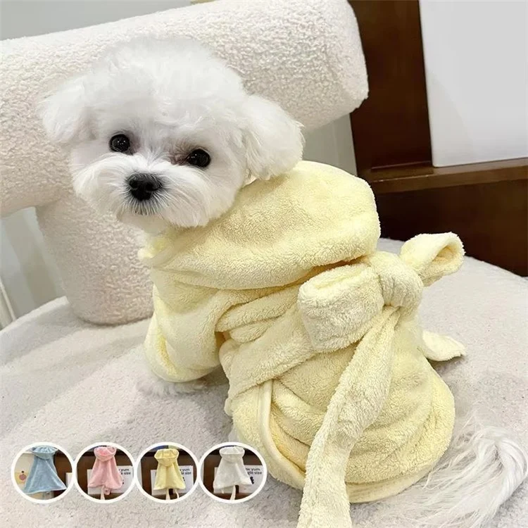 Solid Color Thick Coral Fleece Pet Bathrobe Water Absorbent Quick Drying Coat for Dogs, Size M - Yellow