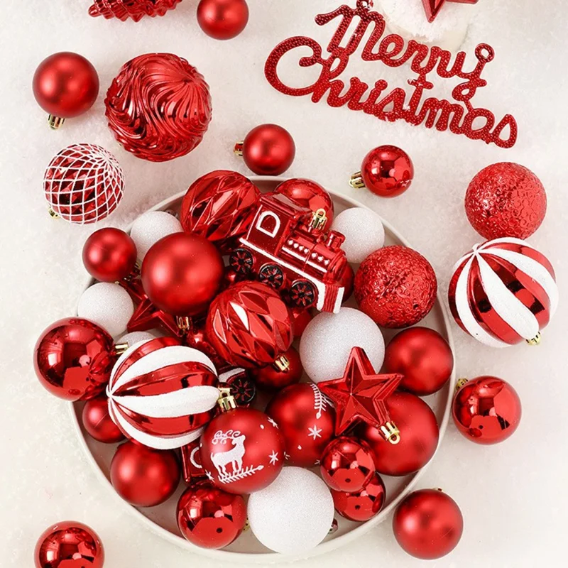 Ensemble de 65 Boules de Noël Peintes - Décorations Suspendues pour Sapin - Rouge+Blanc
