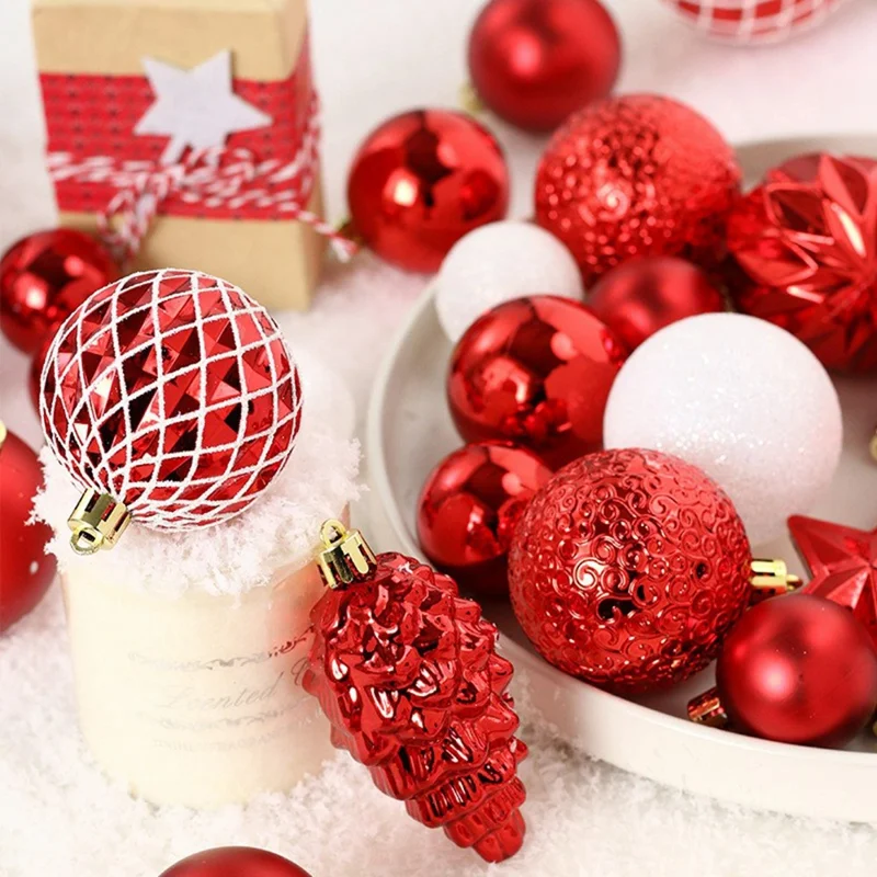 Ensemble de 65 Boules de Noël Peintes - Décorations Suspendues pour Sapin - Rouge+Blanc
