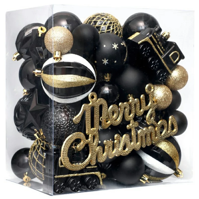 65Pcs / Set Christmas Tree Ornaments Painted Ball Set Decorative Hanging Baubles for Holiday Gift - Black+Gold