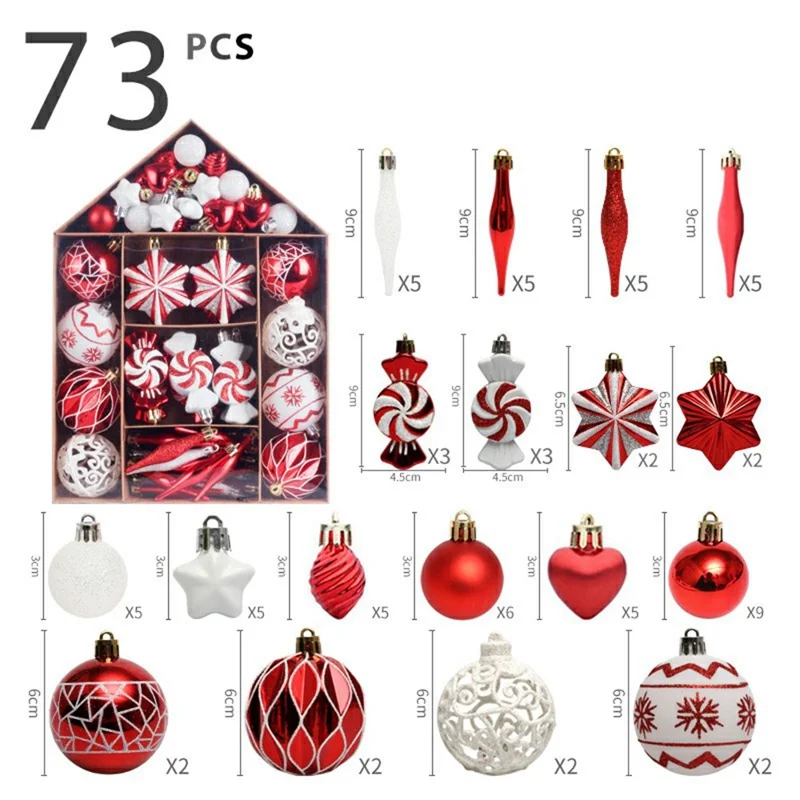 73 Pièces / Set Ornements de Noël Ensemble Boules peintes Xmas Suspendues Décorations de fête - Rouge+Blanc