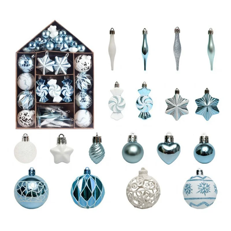 73Pcs / Set Christmas Ornaments Set Xmas Painted Ball Hanging Baubles Holiday Gift Decorations - Light Blue+White